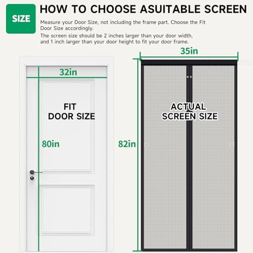 Upgraded Magnetic Screen Door Mesh, Full Strip Magnets, Heavy Duty Fiberglass Mesh, Door Screen Magnetic Closure for Single Door Size 32 x 80 Inch, Screen Door Size 35 x 82 Black