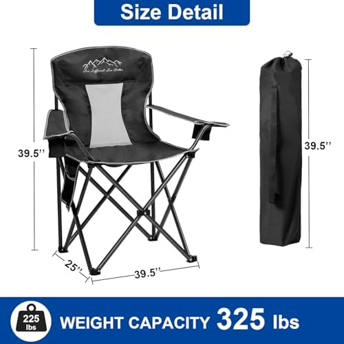 Collapsible Folding Camping Chairs Heavy Duty Lawn Foldable Chair with Cooler Bag, Storage Pocket, Waterproof Bag Outdoor Arm Sport Chair, Supports 325LBS, Black