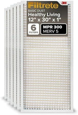 Filtrete 12x30x1 Air Filter, MPR 300, MERV 5, Clean Living Basic Dust 3-Month Pleated 1-Inch Air Filters, 6 Filters