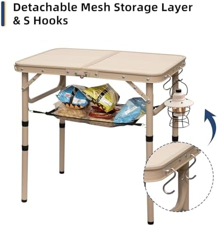 Small Folding Table 2FT Camping Table 3 Adjustable Height Lightweight Portable Aluminum Mini Foldable for Picnic Beach Indoor Outdoor, Yellow