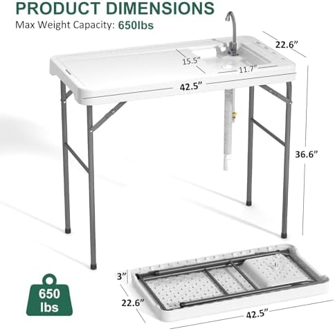 42.5" Fish Cleaning Table with Sink, Folding Camping Table & Fish Cleaning Station with Measure Mark, Camping Sink with Hose Hookup for Outdoor Picnic, Beach, Dock & Patio Use