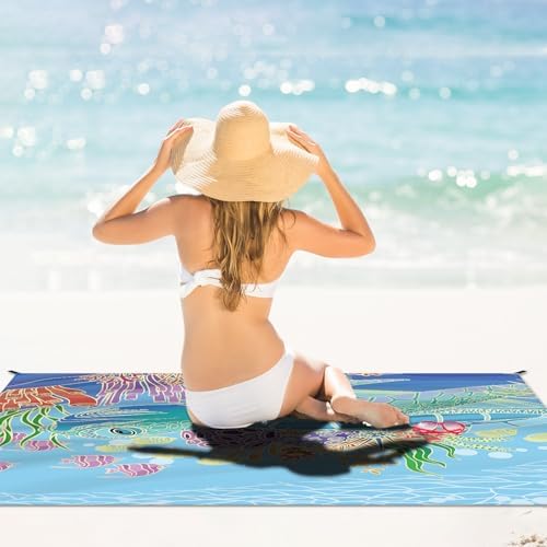 Beach Blanket Waterproof Sandproof Large Beach Mat 83" X 106" for 3-5 Adults Sand Free Mat Quick Drying,Lightweight & Durable with 4 Stakes & 4 Corner Pockets for Beach Camping