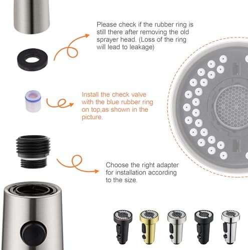 Pull Down Spray Head Replacement - for Kitchen Faucet Sprayer Head with 15 Adapters, 3 Function Pull Out Faucet Spray Nozzle, Brushed Nickel