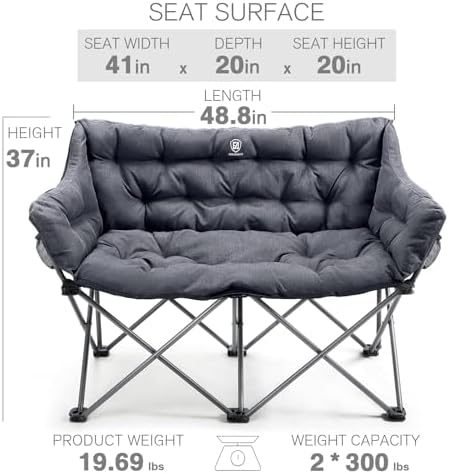 EVER ADVANCED Double Camping Chair for Adults, Padded Folding Camping Love Seat Bench with Side Pocket Portable Camping Couch, Two Person Heavy Duty Folding Outdoor Chair with Cushion,Support 600lbs