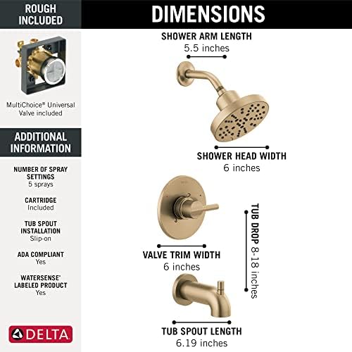 Delta Faucet Nicoli 14 Series Single-Handle Tub and Shower Trim Kit, Shower Faucet with 5-Spray H2Okinetic Shower Head, Champagne Bronze 144749-CZ (Shower Valve Included)