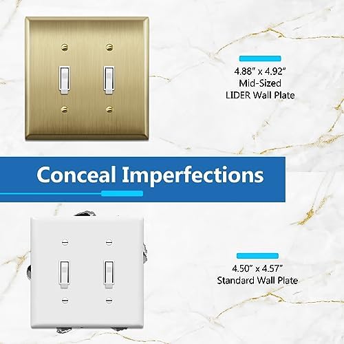 LIDER Toggle Light Switch Metal Wall Plate, Stainless Steel Switch Cover, Corrosion Resistant, Mid-Size 2-Gang 4.88" x 4.92", 201 Stainless Steel, LMWP-12M-BB, Brushed Brass
