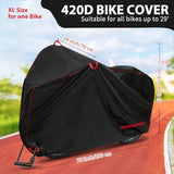 Bike Cover Waterproof Outdoor Storage for 1 Bike, Bicycle Cover Rain Sun UV Dust Wind Proof with Storage Bag for Mountain Road Bike/Ebike (420D Black+Red, XL Size for 1 bike)