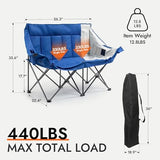 Dowinx Double Camping Chair Loveseat, Portable Folding Outdoor Lawn Chair with Padded Seats, Armrests, Side Pockets, 440lbs Capacity for Beach, Patio, Picnic - Blue PRO
