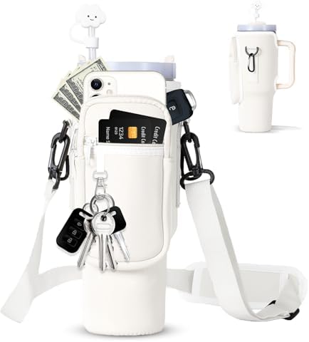 dabria Water Bottle Carrier Bag with Phone Pocket for Stanley 40/30 oz Tumbler Neoprene Water Bottle Holder Pouch with Adjustable Strap Bollus with Straw Cover & Carabiner for Stanley Cup Accessories