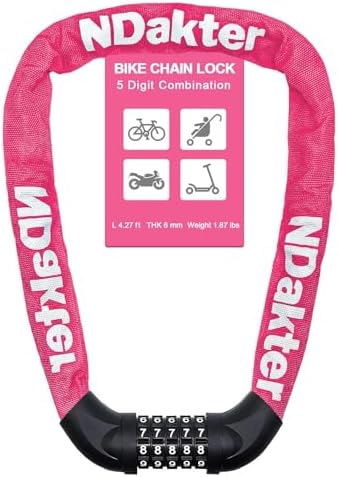 NDakter Bike Chain Lock, 5 Digit Combination Heavy Duty Anti Theft Bicycle Chain Lock,2.62/3.2/4.27/5/6Ft Long Security Resettable Bike Locks for Bike, Bicycle, Scooter, Door, Gate, Fence-4/6mm Thick