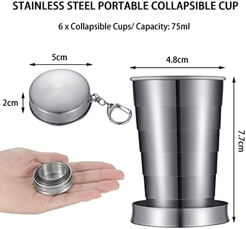 Tessco 6 Pieces Collapsible Shot Glasses Stainless Steel Collapsible Cup Reusable Portable Travel Folding Cup with Lid and Keychain for Camping Hiking Cycling (2.5 oz)