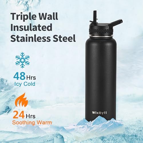40 oz Insulated Water Bottle with Straw (Cold for 48 Hrs), Stainless Steel Triple Wall Vacuum Sports Water Jug, Leakproof Hydro Cup Flask with Paracord Handle & Straw Spout Lids & DIY Stickers