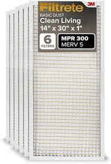 Filtrete 14x30x1 Air Filter, MPR 300, MERV 5, Clean Living Basic Dust 3-Month Pleated 1-Inch Air Filters, 6 Filters (Pack of 1)