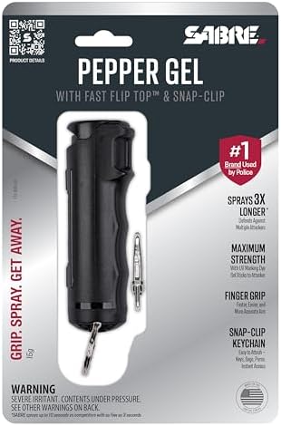 SABRE Pepper Gel with Fast Flip Top, Maximum Strength OC Spray, Snap Clip for Easy Carry and Fast Access, Finger Grip for More Accurate and Faster Aim, UV Marking Dye, 0.54 fl oz, Easy to Use Safety