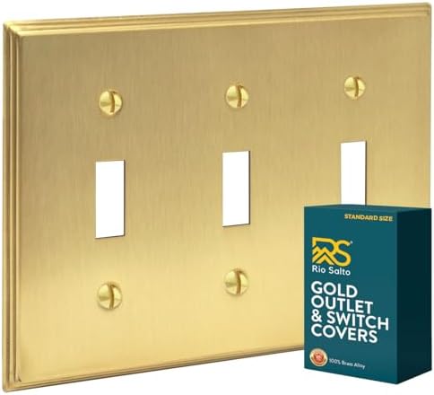 Rio Salto BRASS Modern Metal Gold Triple Toggle Light Switch Metal Wall Plate 3-Gang Toggle Wallplate Cover Wall Plate Light Switch Covers