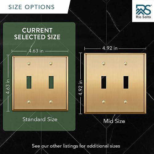 Rio Salto BRASS Metal Gold Double Light Switch Wall Plate or Outlet Cover Wall Plate, STANDARD SIZE. Corrosion Resistant Receptacle Wallplate Rocker Covers Decora 2-Gang Brushed Brass 4.6" x 4.6"