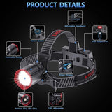 TDT 2000 LUMENS LED Rechargeable Head Lamps, Zoomable Headlamp with 6 Modes & IPX7 Waterproof, 120° Adjustable Head Lights for Forehead for Outdoor, Camping, Hard Hat, Running, Hunting