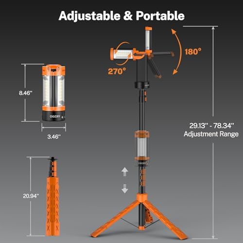 OGERY Rechargeable 10000mAh Camping Light with Stand 6.5 ft Max Height, Cordless Work Light with 3 LED Lamp Heads, 2200 Lumens Camping Essentials Gear Emergency Flashlight with Detachable Tripod