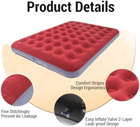 Queen Size Double Camping Air Mattress Bed with Air Pump,Inflatable Mattress,80"x 60"Thickened Portable Blow Up Air Mattress,Travel Sleeping Bed Pad for Camping Home Hiking