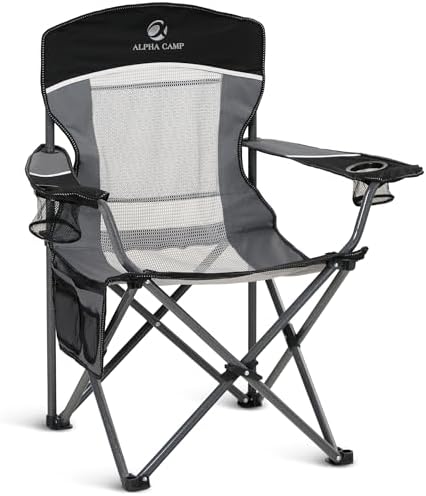 ALPHA CAMP Oversized Mesh Back Camping Folding Chair Heavy Duty Support 350 LBS Collapsible Steel Frame Quad Chair Padded Arm Chair with Cup Holder Portable for Outdoor (Black/Grey)