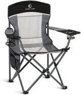 ALPHA CAMP Oversized Mesh Back Camping Folding Chair Heavy Duty Support 350 LBS Collapsible Steel Frame Quad Chair Padded Arm Chair with Cup Holder Portable for Outdoor (Black/Grey)