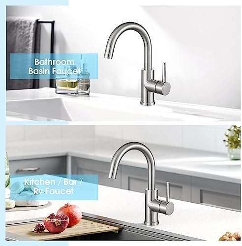 CREA Bar Sink Faucet, Bathroom Kitchen Faucet Brushed Nickel Pre Wet Small Mini Kitchen Bath Utility Marine Faucet Single Hole Stainless Steel Farmhouse Vanity Lavatory Faucets Outdoor