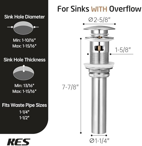 KES Bathroom Vessel Vanity Sink Pop Up Drain Stopper with Overflow for 1.6"-1.9" Sink Hole, All Metal Rustproof Brass and 304 Stainless Steel, Brushed Nickel, S2008A-BN