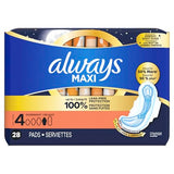 Always Maxi Overnight Pads with Wings, Size 4, Overnight, Unscented, 28 Count x 3 (84 Count Total) (Packaging May Vary)