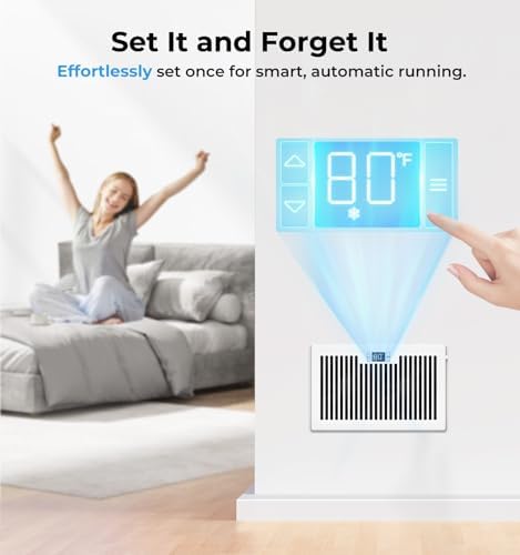 Quiet Register Booster Fan Fits 6" x 10" (DUCT OPENING CUTOUT), 10-Speed Smart Heating Cooling AC Vent Booster Fan w/Remote Control & Thermostat Control (White) - Corded