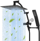 Hibbent All Metal 10'' Rainfall Shower Head, Dual Shower Head Combo, High Pressure Handheld Shower Wand, 16'' Adjustable Arc-shaped Shower Extension Arm, 71'' Hose, Showerhead Holder, Matte Black