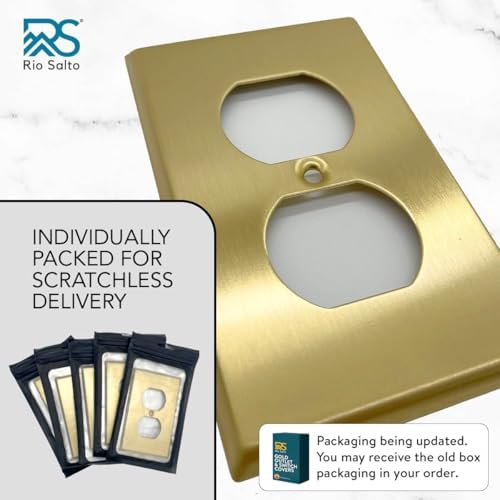 Rio Salto BRASS Metal Gold Outlet Cover or Light Switch Cover Wall Plate Corrosion Resistant Single Duplex Receptacle Wallplate Covers 1 Gang Brushed Brass 4.50" x 2.76" 5-Pack Standard Size
