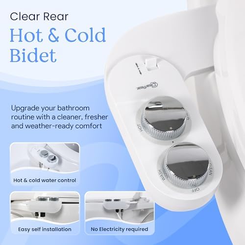Clear Rear Hot and Cold Bidet Attachment for Toilet – Non-Electric Warm Water Bidet with Adjustable Pressure, Dual Nozzle for Feminine & Rear Wash, Self-Cleaning Hygienic Sprayer, Easy Installation