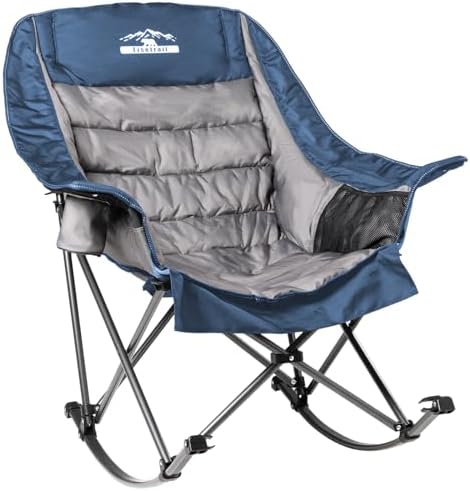 Oversized Rocking Camping Chair, Fully Padded Camp Chairs for Adults with Side Pocket and Cup Holder, Heavy-Duty 400lbs Capacity, Blue & Gray