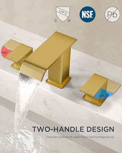 FORIOUS Brushed Gold Bathroom Sink Faucets 3 Hole Widespread, 2 Handles Bathroom Faucet with Pop-up Drain and Flexible Hot and Cold Water Hoses, Suitable for Vanity RV Restroom