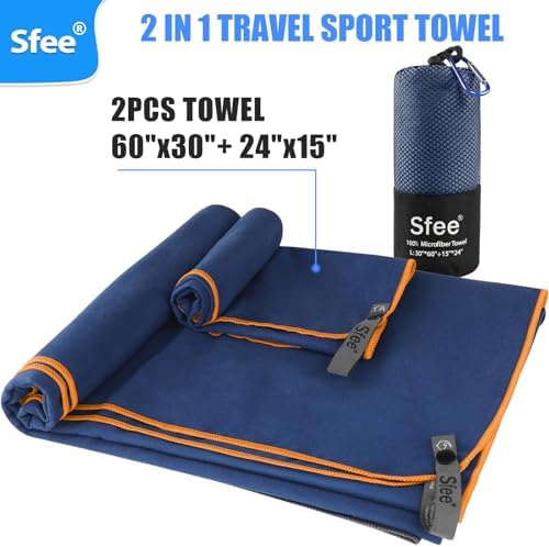 Sfee 2 Pack Microfiber Travel Towel, Quick Dry Large Beach Towel, Super Absorbent Compact Lightweight for Camping, Gym, Hiking, Pool, Backpacking, Bath, Yoga