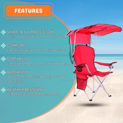 CozyBox Portable Folding Camping Chairs with Canopy Shade, Beach Chair for Adults, Durable Weather Resistant 600D Oxford Cloth, Camping Chair with Canopy for Outdoors [Red]