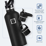 IRON °FLASK Camping & Hiking Hydration Canteens - 3 Lids (Narrow Straw Lid) Leak Proof Vacuum Insulated Stainless Steel - Hot & Cold Double Walled Sports Water Bottle - Midnight Black, 32 Oz