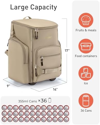TOURIT Rolling Cooler Backpack: Leakproof Waterproof Insulated 36 Cans Beach Cooler with Wheels and Handle Outdoor Camping Picnic Travel