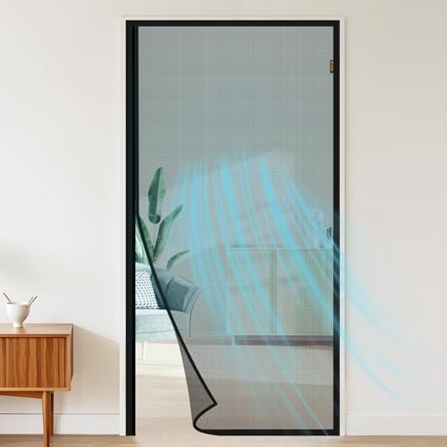 MAGZO Magnetic Screen Door Fits Door Size 34 x 78 Inches(Black), Screen Size 36 x 79 Inch Polyester Curtain Side Opening Mesh Broader View for Patio Access