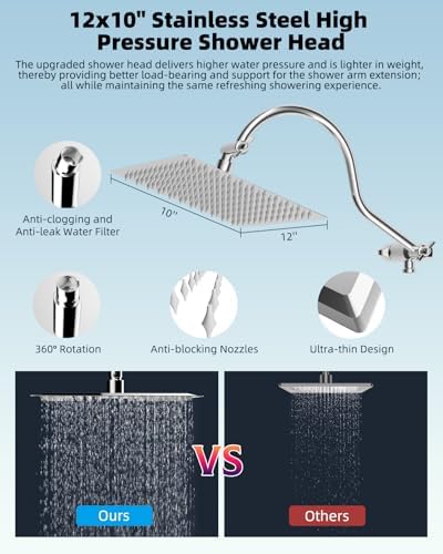 Hibbent 12'' All Metal Shower Head, High Pressure Rainfall Shower Head, Handheld Showerhead Combo, 12'' Adjustable Curved Shower Extension Arm, 7-Spray, 71'' Hose, Adhesive Showerhead Holder, Chrome