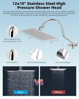 Hibbent 12'' All Metal Shower Head, High Pressure Rainfall Shower Head, Handheld Showerhead Combo, 12'' Adjustable Curved Shower Extension Arm, 7-Spray, 71'' Hose, Adhesive Showerhead Holder, Chrome