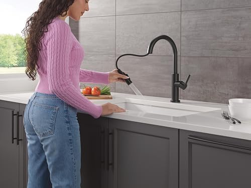 Delta Nicoli Matte Black Kitchen Faucet with Pull Down Sprayer, Modern Single Hole Kitchen Sink Faucet, Single Handle, Matte Black 19867LF-BL