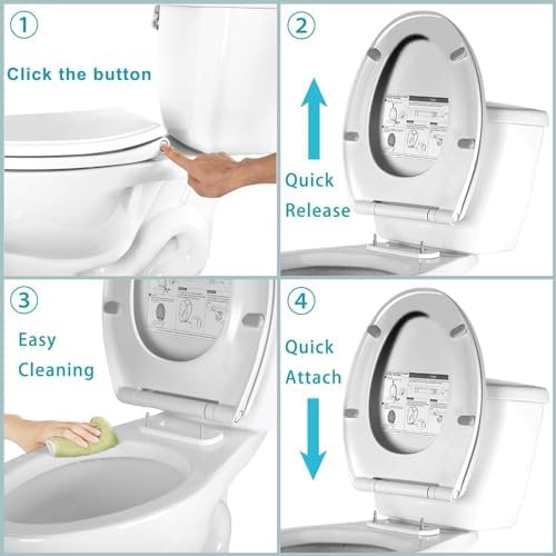 Hibbent Premium Round Toilet Seat with Cover Quiet Close, One-Click to Quick Release, Easy Installation Non-Slip Seat Bumpers, Slow Close Toilet Seat and Cover, Easy Cleaning-White Color