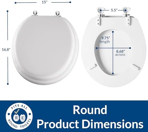 Mayfair Padded Toilet Seat with Chrome Hinges, Soft Vinyl over Wood Core Seat, Made in USA, Round, White