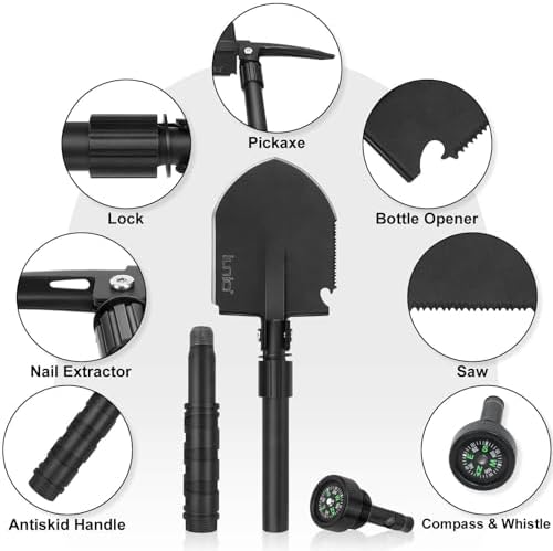 iunio Camping Shovel,Shovel Folding, Portable, Multitool, Foldable Entrenching Tool, Collapsible Spade, for Backpacking, Trenching, Hiking, Survival, Car Emergency