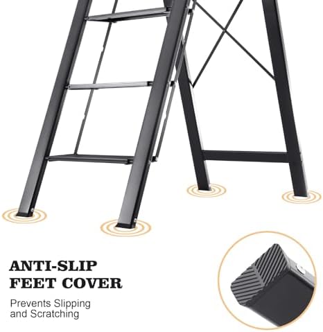 KINGRACK Aluminium 5 Step Ladder, Lightweight Step Stool with Non-Slip Pedals, Handrail, Folding Step Ladder for Kitchen, Garage, Home, Space Saving, Sturdy and Portable, Silver