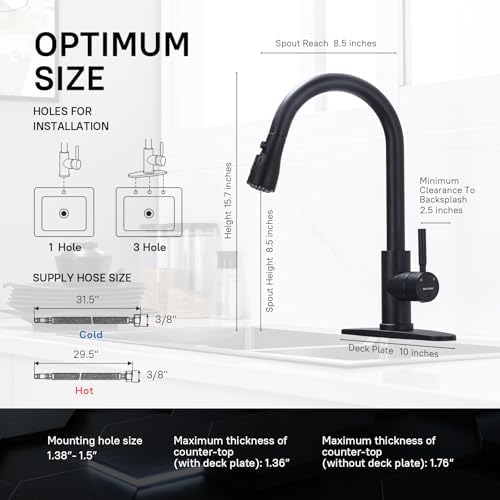 Wewe Black Kitchen Sink Faucets: Water Faucet with Pull Down Sprayer Stainless Steel Single Handle 1 Or 3 Hole for Farmhouse Commercial Camper Laundry Rv Bar