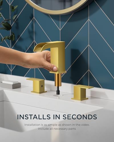 FORIOUS Square Brushed Gold Bathroom Faucets 3 Hole, Waterfall 8 Inch Widespread Bathroom Sink Faucet with Metal Pop-up Drain and Supply Lines, Two Handles for Vanity, Lavatory, Restroom