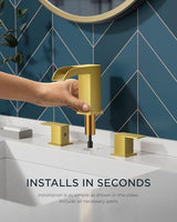 FORIOUS Square Brushed Gold Bathroom Faucets 3 Hole, Waterfall 8 Inch Widespread Bathroom Sink Faucet with Metal Pop-up Drain and Supply Lines, Two Handles for Vanity, Lavatory, Restroom