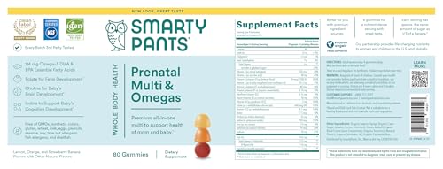 SmartyPants Prenatal Vitamins for Women, Multivitamin Gummies: Omega 3 Fish Oil (EPA/DHA), Biotin, Methylfolate, Vitamin D3, C, Vitamin B12, B6, A, K & Zinc, Inositol, 80 Count (20 Day Supply)